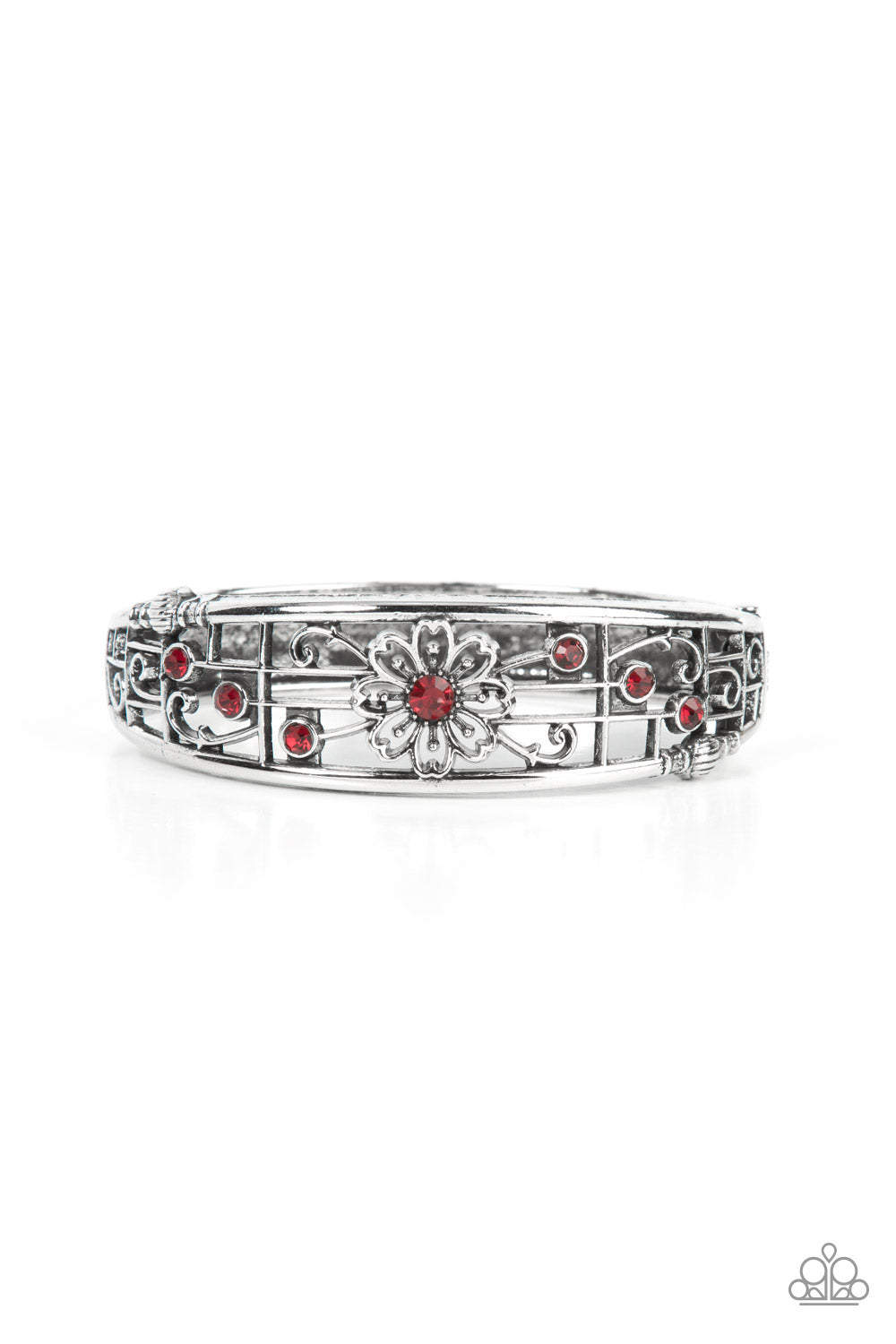 Prairie Musical - Red Rhinestone & Silver Floral Paparazzi Hinge Bracelet