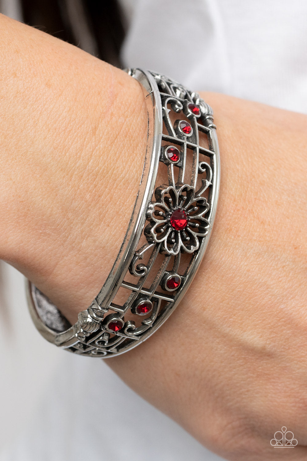 Prairie Musical - Red Rhinestone & Silver Floral Paparazzi Hinge Bracelet