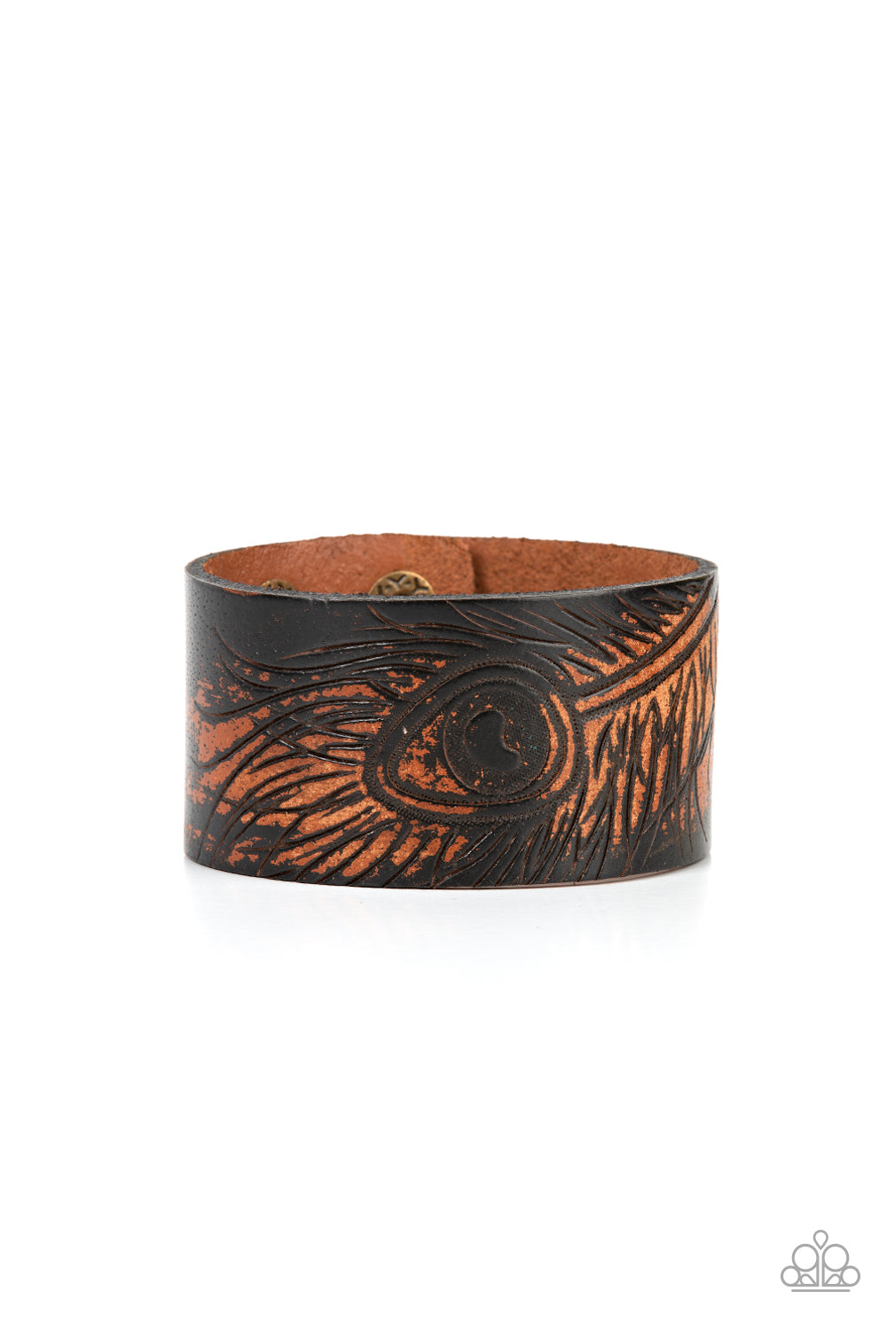 Positively Peacock - Black Etched Peacock Feather & Brown Leather Paparazzi Snap Bracelet