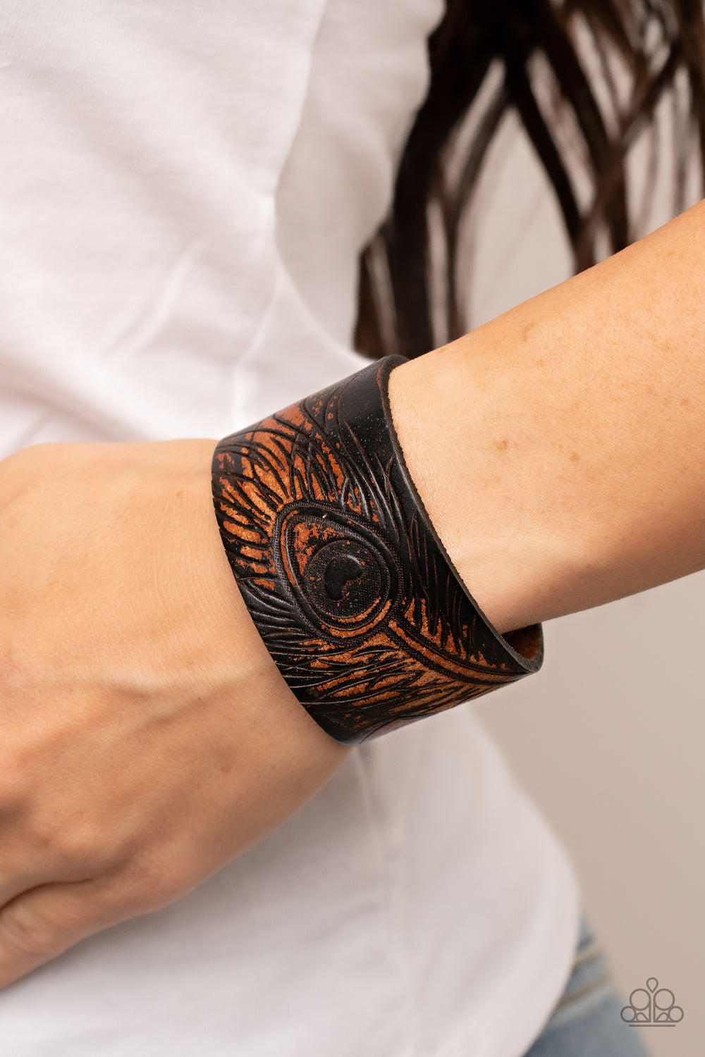 Positively Peacock - Black Etched Peacock Feather & Brown Leather Paparazzi Snap Bracelet