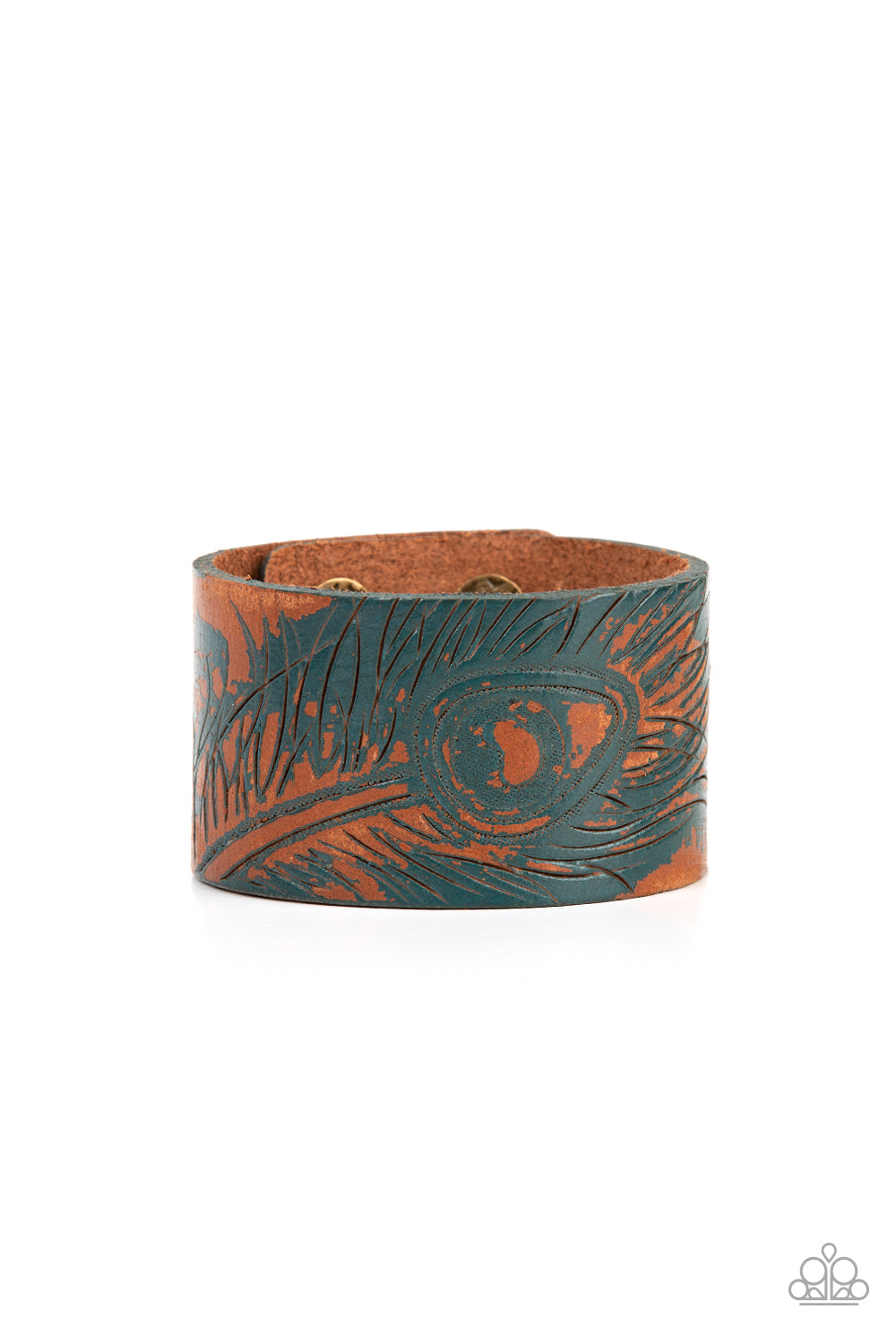 Positively Peacock - Blue Etched Peacock Feather & Brown Leather Paparazzi Snap Bracelet