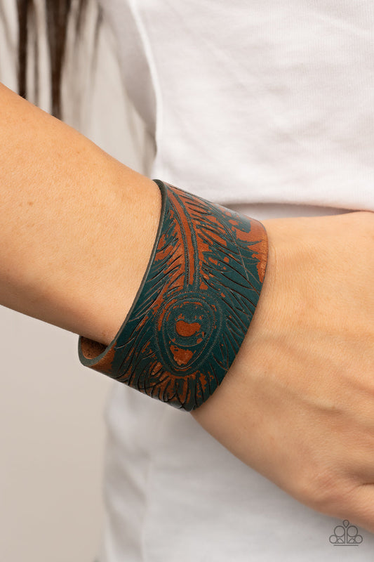 Positively Peacock - Blue Etched Peacock Feather & Brown Leather Paparazzi Snap Bracelet