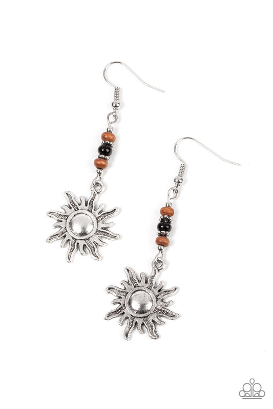 Sunshiny Days - Black Accents, Wooden Beads, Silver Rings, & Rustic Silver Sun Charm Paparazzi Earrings