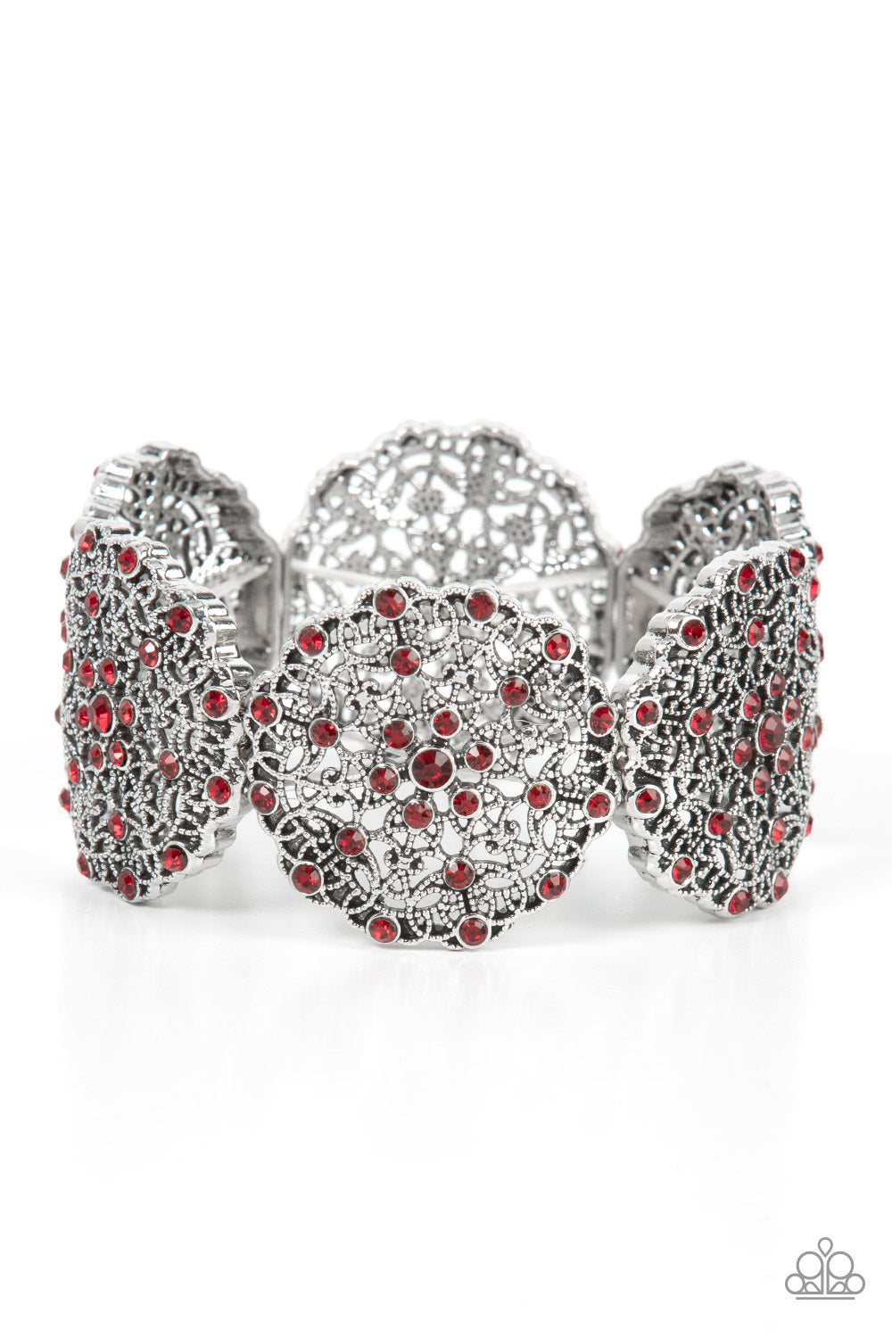 All in the Details - Red Rhinestones & Mandala-Like Filigree Paparazzi Stretch Bracelet