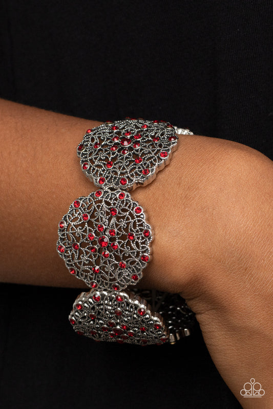 All in the Details - Red Rhinestones & Mandala-Like Filigree Paparazzi Stretch Bracelet