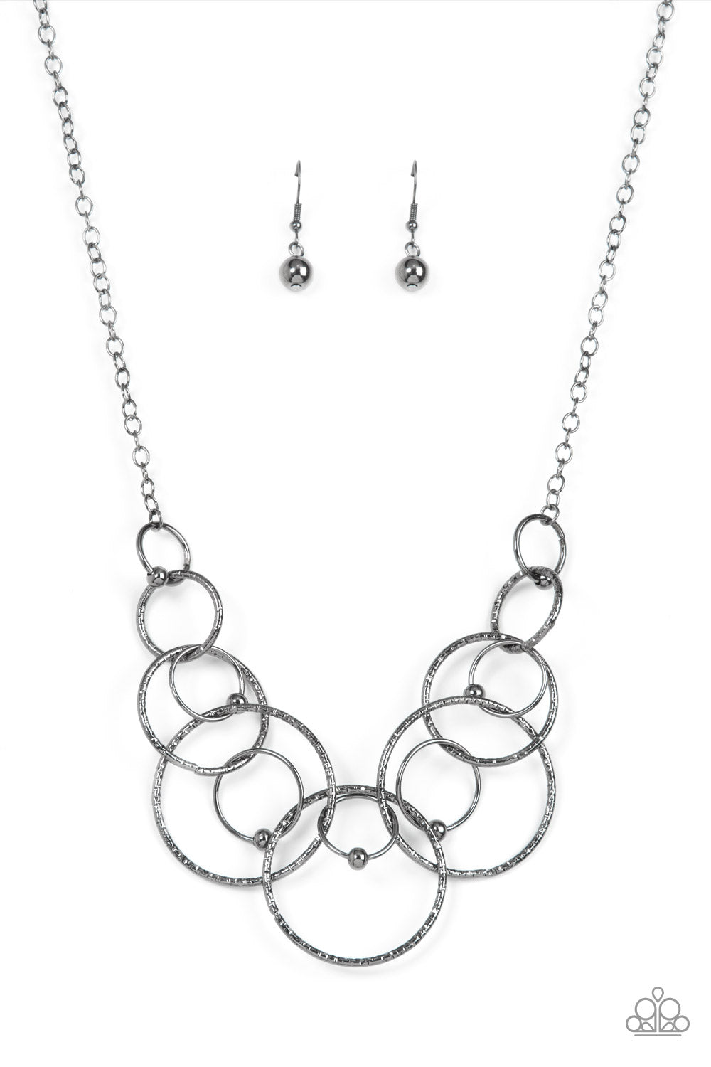Encircled in Elegance - Gunmetal Beads & Interlocking Ring Paparazzi Necklace & matching earrings