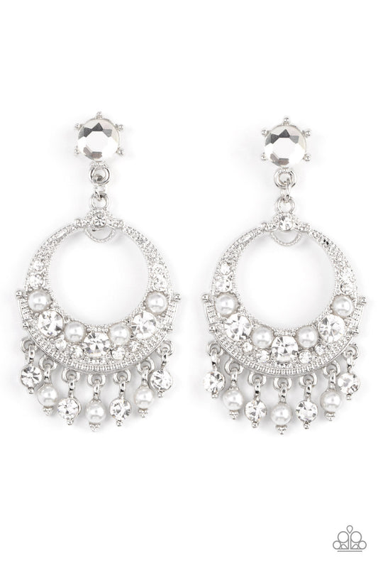 Marrakesh Request - White Pearl & Rhinestone Timeless Fringe Paparazzi Earrings