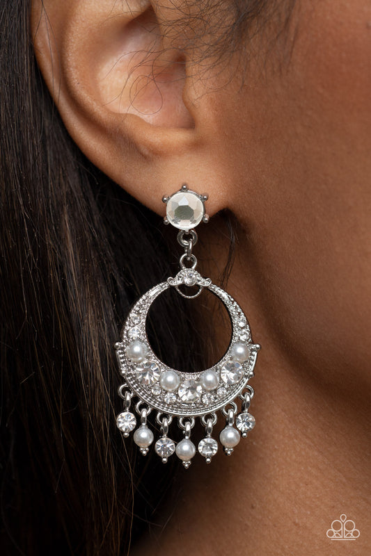 Marrakesh Request - White Pearl & Rhinestone Timeless Fringe Paparazzi Earrings