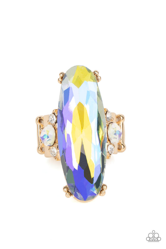 Interdimensional Dimension - Gold Frame & Oversized Iridescent Oval Gem Paparazzi Ring