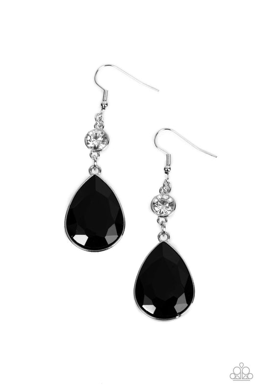 Smile for the Camera - Black Oversized Teardrop Gem & White Rhinestone Paparazzi Earrings
