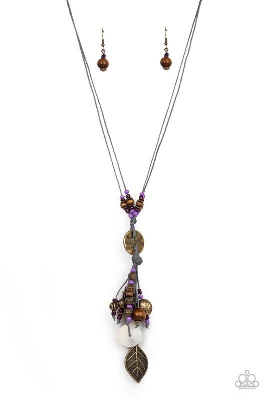 Knotted Keepsake - Purple Seed Beads/Brass Discs/Wooden Accent Pendant Paparazzi Necklace & matching earrings