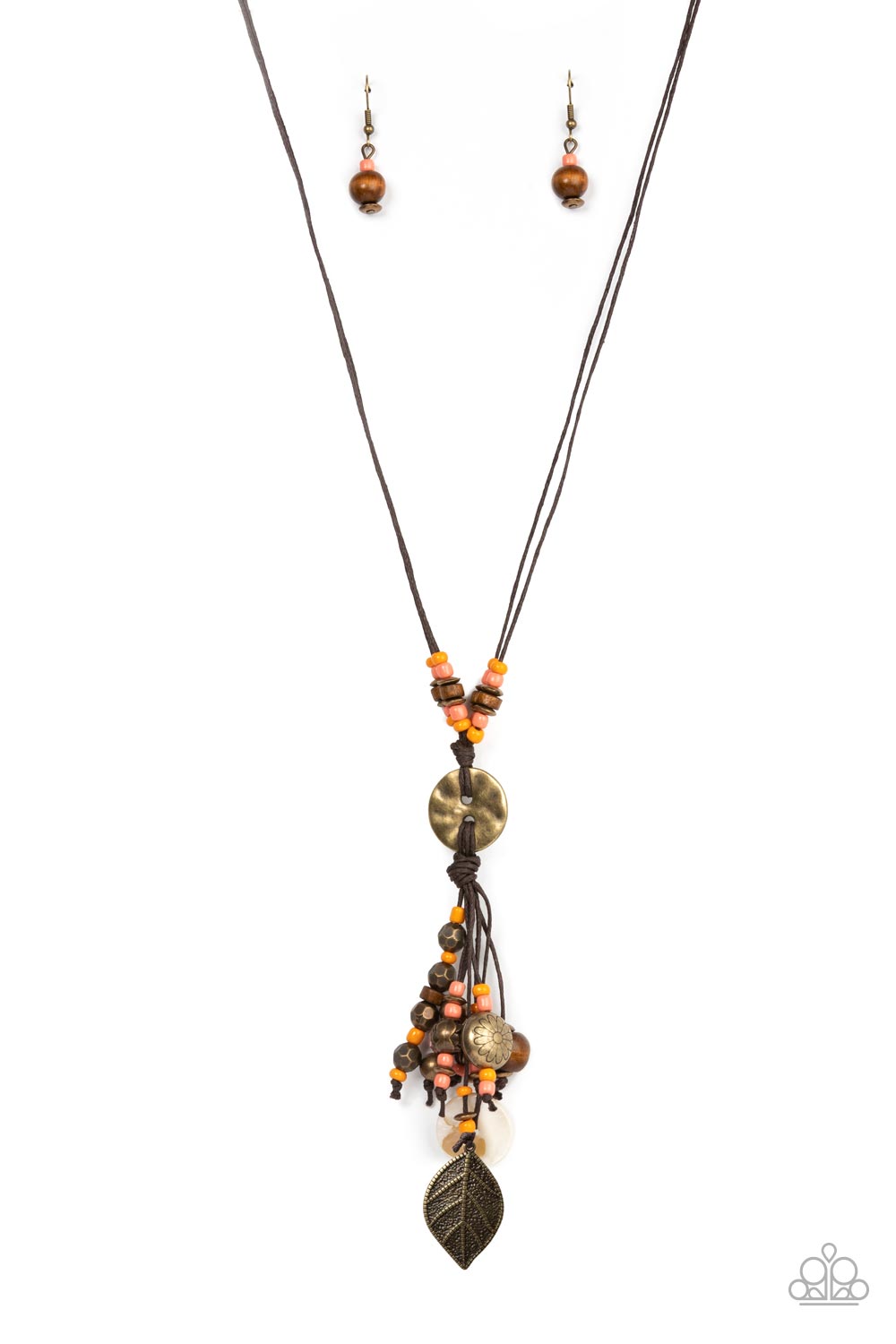 Knotted Keepsake - Orange & Coral Seed Beads/Rustic Brass Discs, Wooden Accent Pendant Paparazzi Necklace & matching earrings
