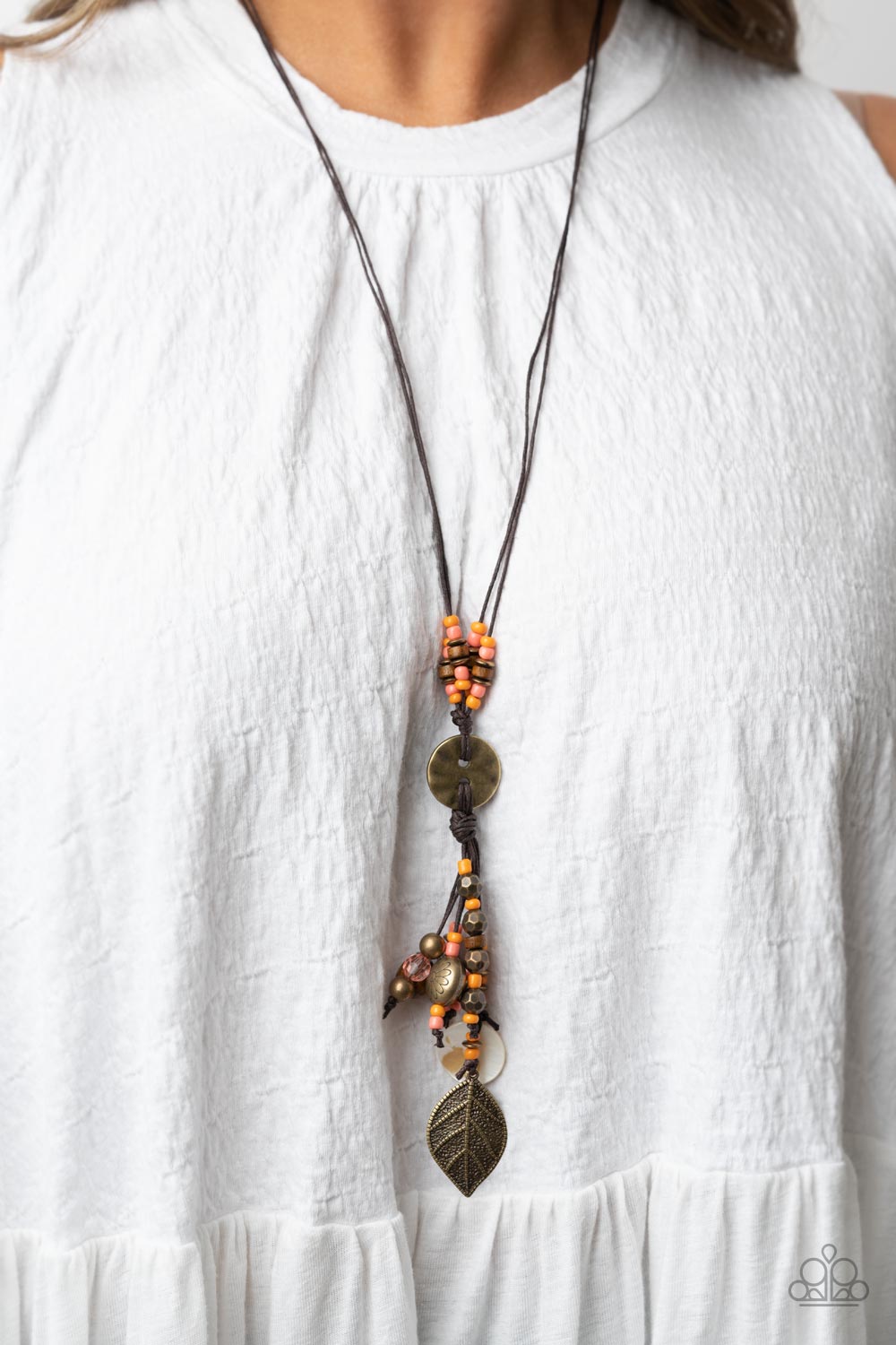 Knotted Keepsake - Orange & Coral Seed Beads/Rustic Brass Discs, Wooden Accent Pendant Paparazzi Necklace & matching earrings