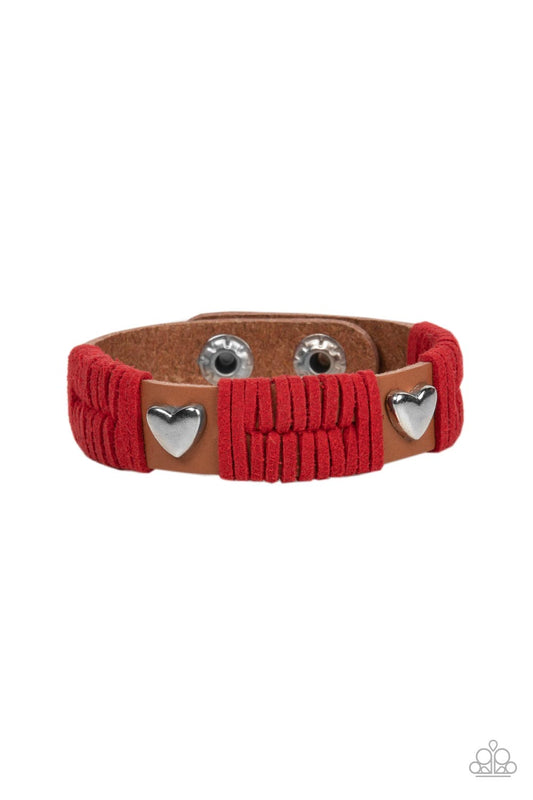 Lusting for Wanderlust - Red Suede, Silver Hearts, & Brown Leather Paparazzi Snap Bracelet