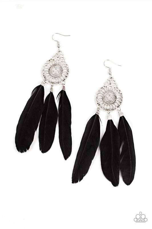 Pretty in PLUMES - Black Feather & Silver Airy Filigree Frame Paparazzi Earrings