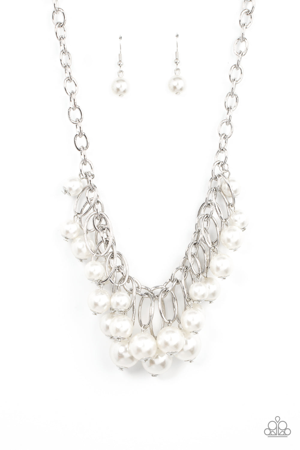 Powerhouse Pose - White Oversized Pearl & Silver Oval Paparazzi Fringe Necklace & matching earrings
