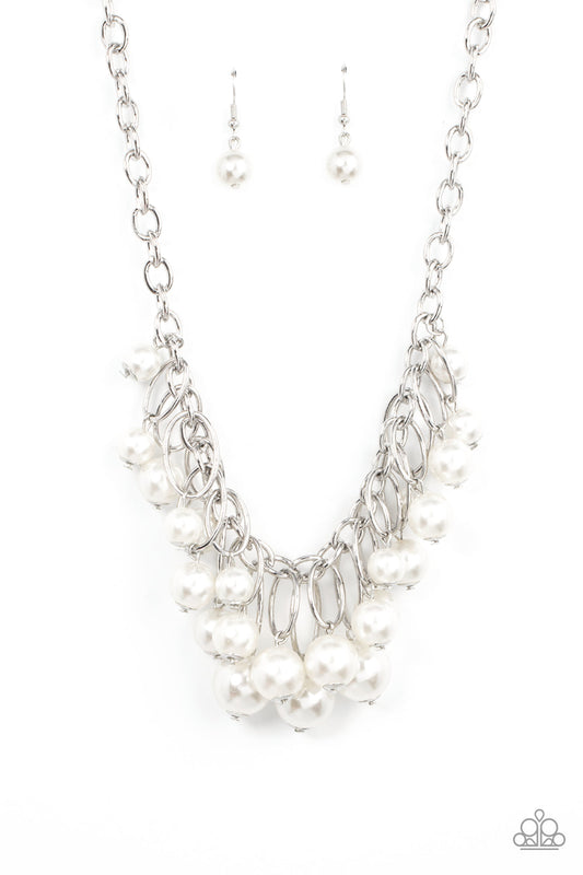 Powerhouse Pose - White Oversized Pearl & Silver Oval Paparazzi Fringe Necklace & matching earrings