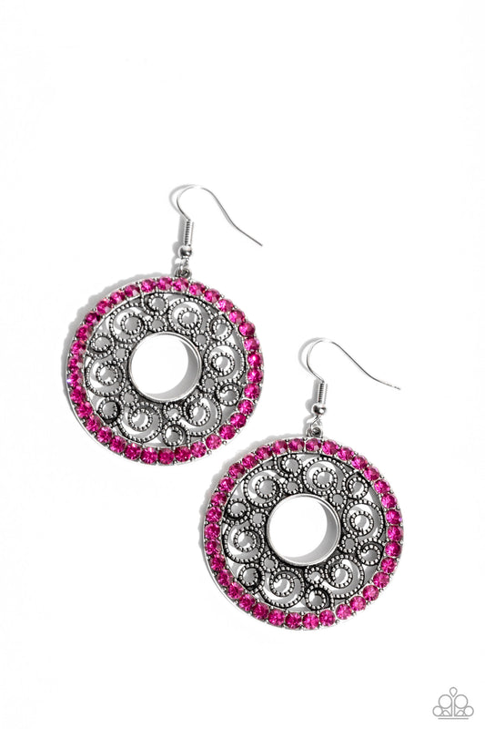 Whirly Whirlpool - Pink Rhinestones/Whirly Silver Filigree Paparazzi Earrings