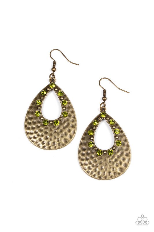 Terraform Twinkle - Green Rhinestones, Dainty Brass Studs, & Hammered Brass Teardrop Paparazzi Earrings