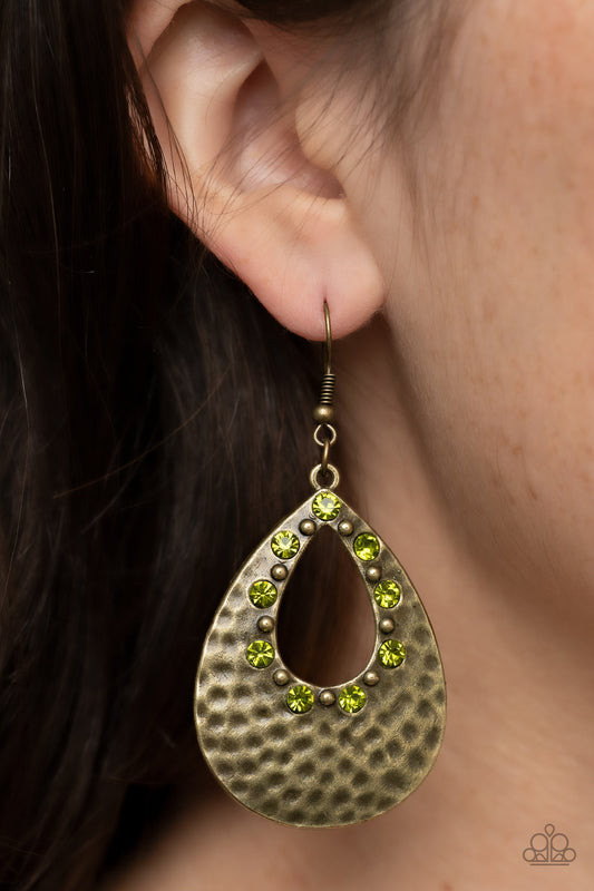 Terraform Twinkle - Green Rhinestones, Dainty Brass Studs, & Hammered Brass Teardrop Paparazzi Earrings