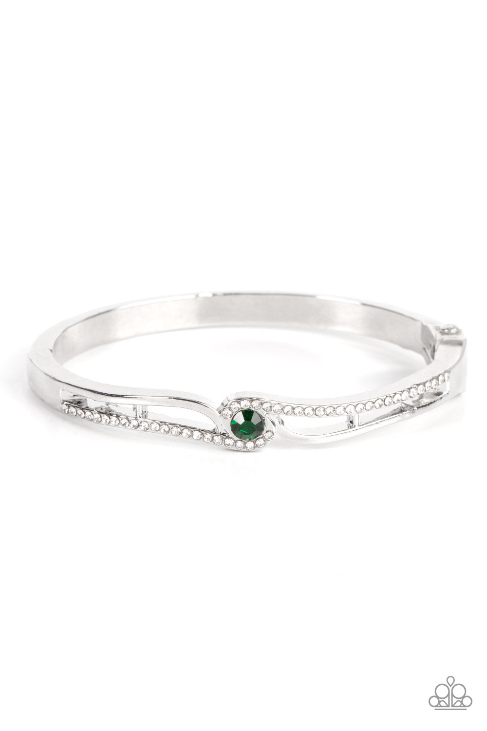 Top-Shelf Shimmer - Green & White Rhinestone Encrusted Silver Ribbon Paparazzi Hinge Bracelet