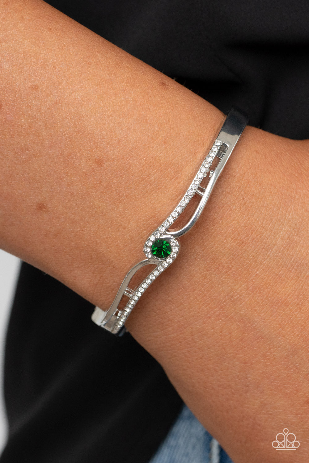 Top-Shelf Shimmer - Green & White Rhinestone Encrusted Silver Ribbon Paparazzi Hinge Bracelet