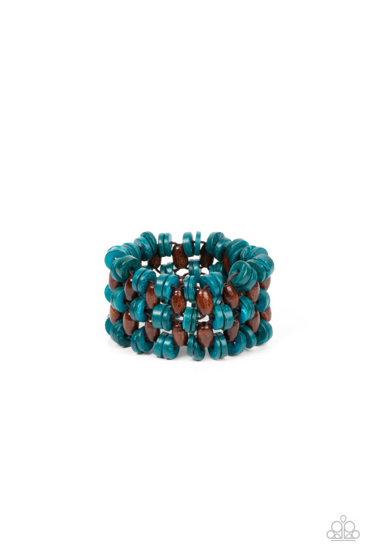 Galapagos Go-Getter - Blue & Brown Wooden Disc Paparazzi Stretch Bracelet