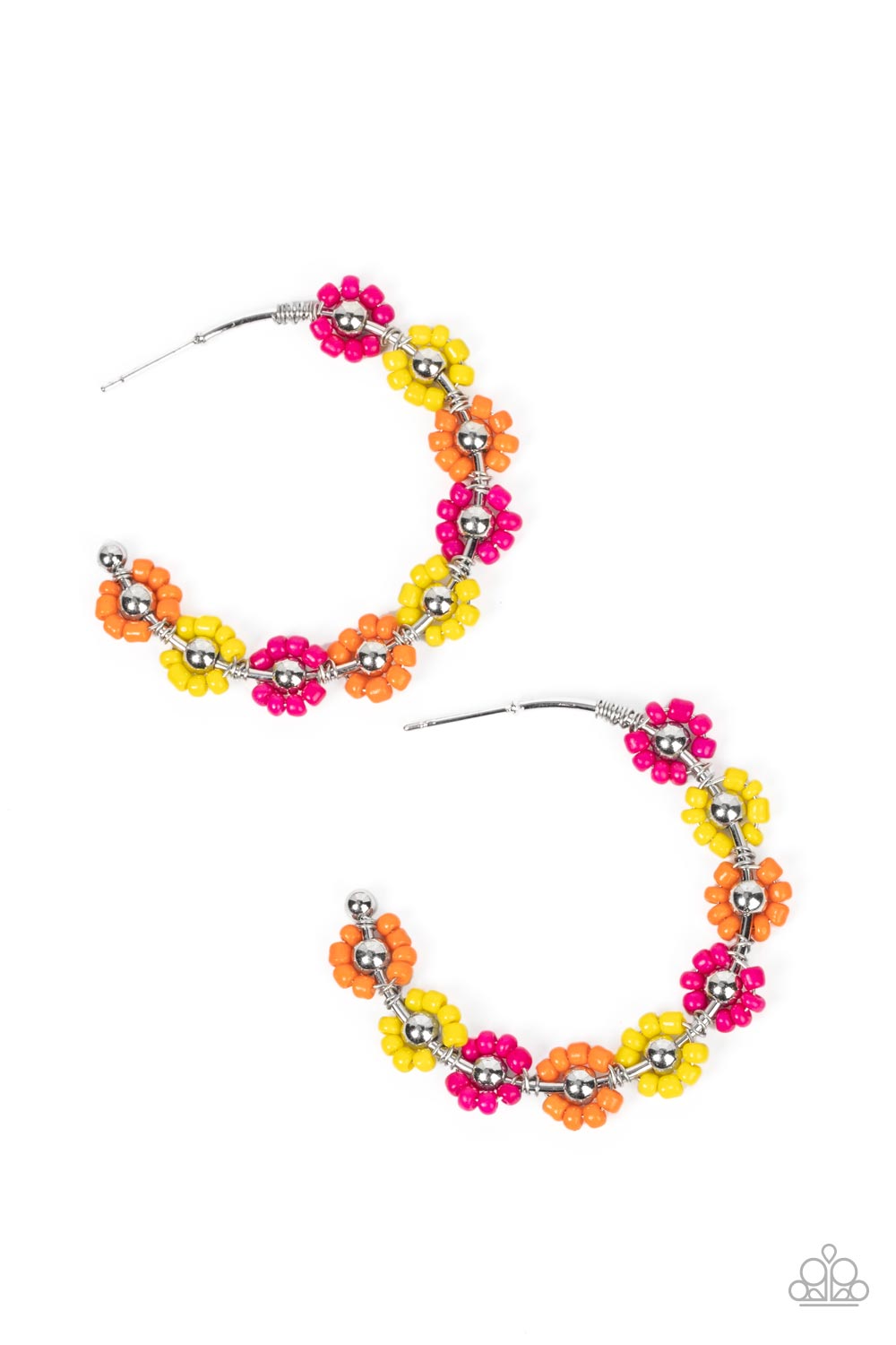 Growth Spurt - Multi Yellow, Orange, & Pink Seed Bead Flower Paparazzi Hoop Earrings