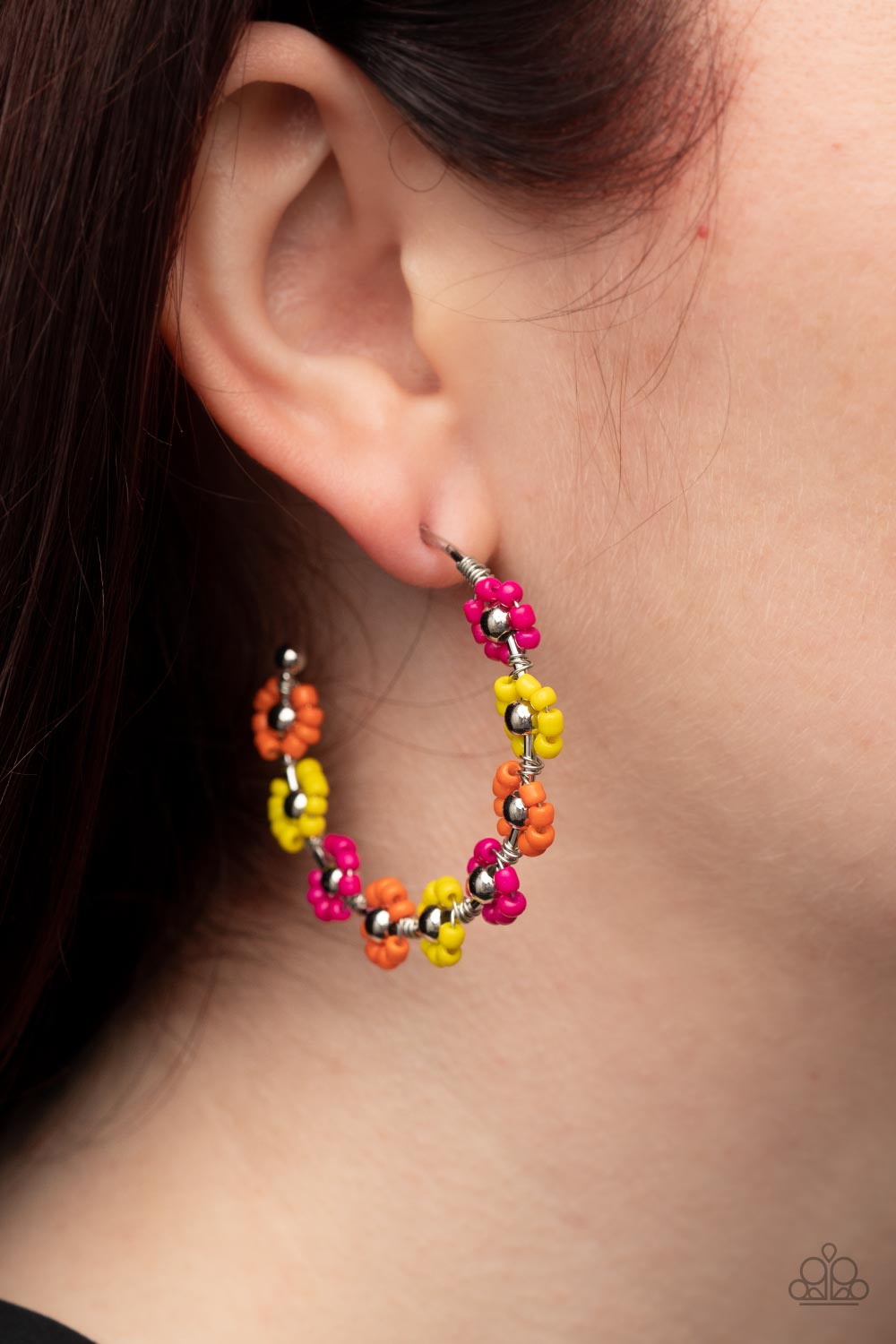 Growth Spurt - Multi Yellow, Orange, & Pink Seed Bead Flower Paparazzi Hoop Earrings