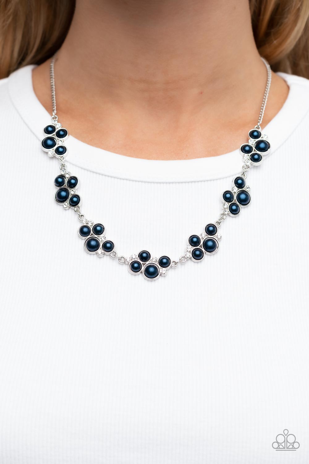 GRACE to the Top - Blue Pearls & White Rhinestone Cluster Paparazzi Necklace & matching earrings
