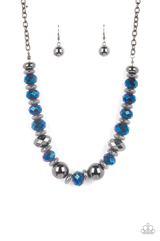 Interstellar Influencer - Blue Metallic Faceted Gems/Gunmetal Beaded Paparazzi Necklace & matching earrings