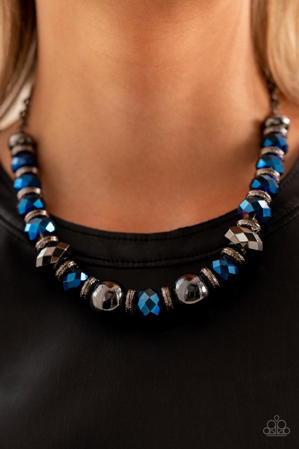 Interstellar Influencer - Blue Metallic Faceted Gems/Gunmetal Beaded Paparazzi Necklace & matching earrings
