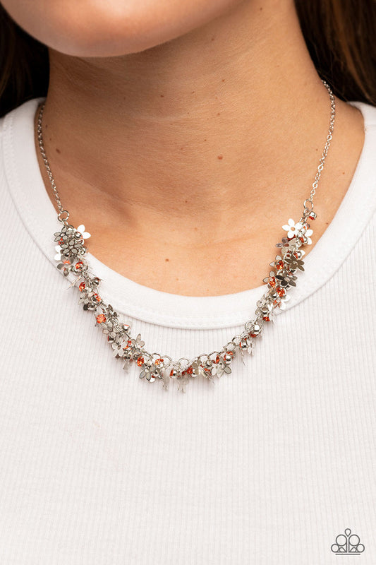 Fearlessly Floral - Orange Rhinestones/Dainty Silver Flower Paparazzi Necklace & matching earrings