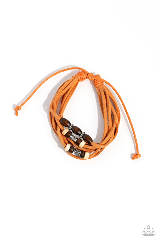 Have a WANDER-ful Day - Orange Suede/Silver Beads/Wooden Beaded Paparazzi Urban Bracelet