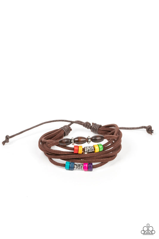 Have a WANDER-ful Day - Multi Wooden Beads, Textured Silver Accents, Silver Beads, & Brown Suede Urban Bracelet