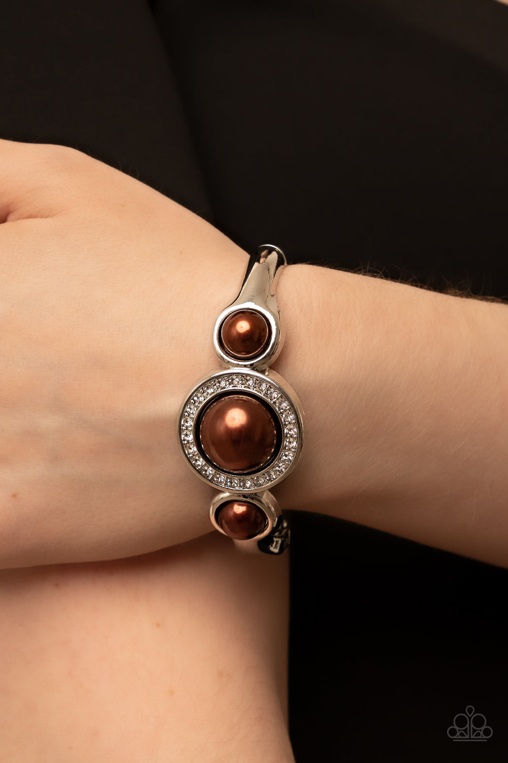 Debutante Daydream - Brown Oversized Pearls & White Rhinestone Paparazzi Hinge Bracelet