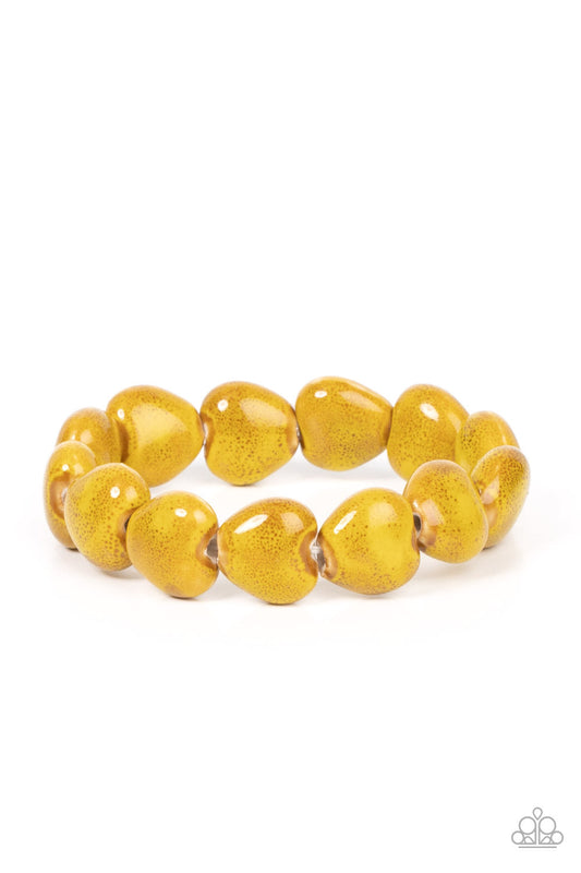 GLAZE a Trail - Yellow Ceramic-Like Heart Beaded Paparazzi Stretch Bracelet