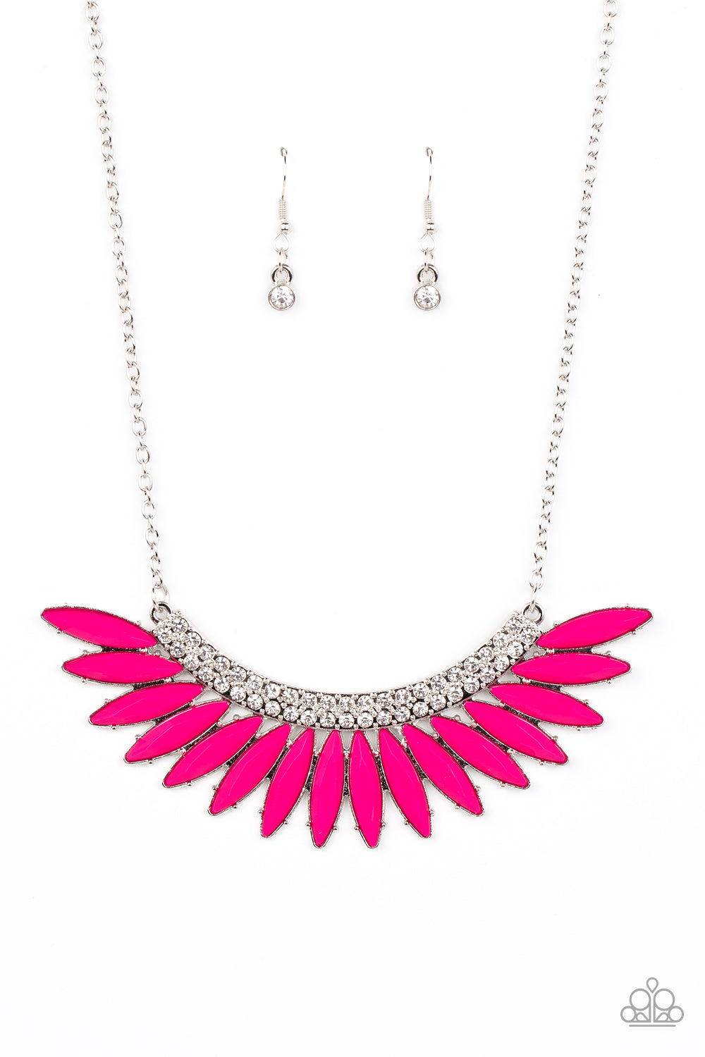 Flauntable Flamboyance - Pink Marquise-Cut Beads/White Rhinestone Paparazzi Necklace & matching earrings