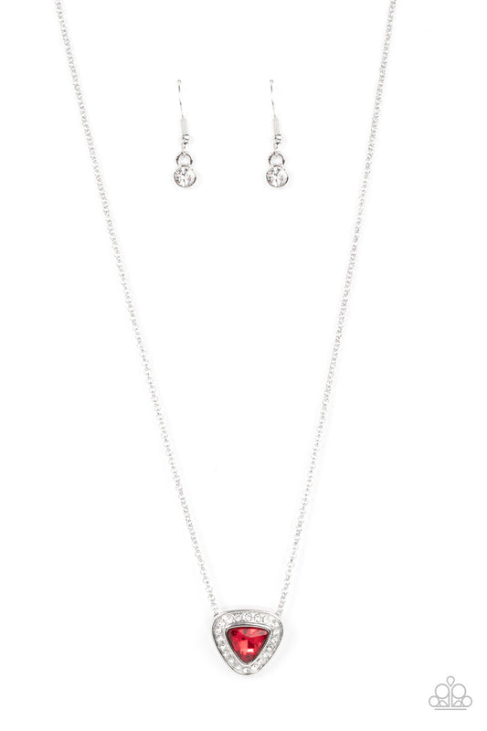 The Whole Package - Red Triangle Gem & White Rhinestone Pendant Paparazzi Necklace & matching earrings