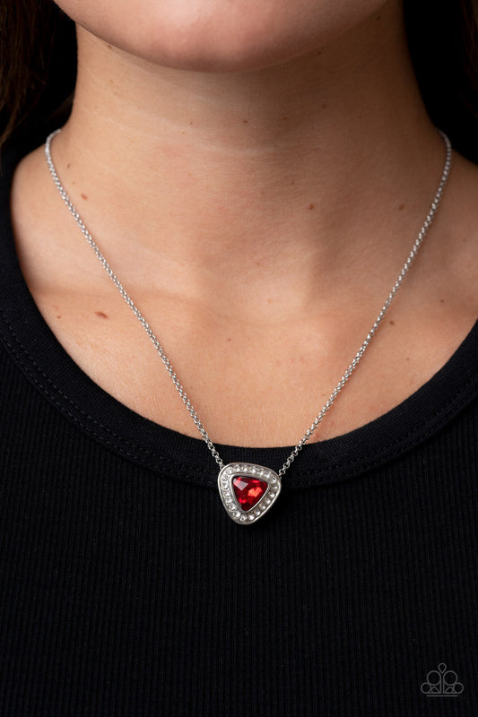 The Whole Package - Red Triangle Gem & White Rhinestone Pendant Paparazzi Necklace & matching earrings