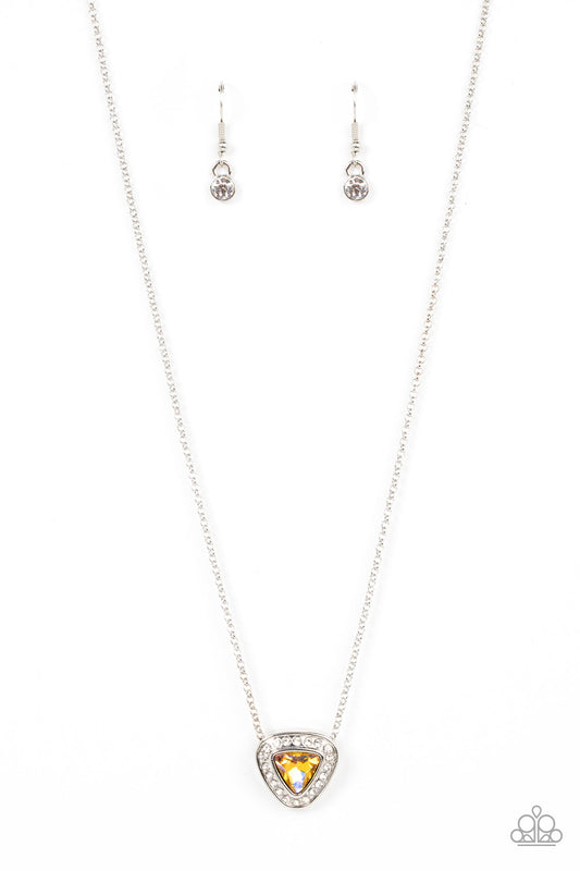 The Whole Package - Yellow Iridescent Triangle Gem/White Rhinestone Pendant Paparazzi Necklace & matching earrings