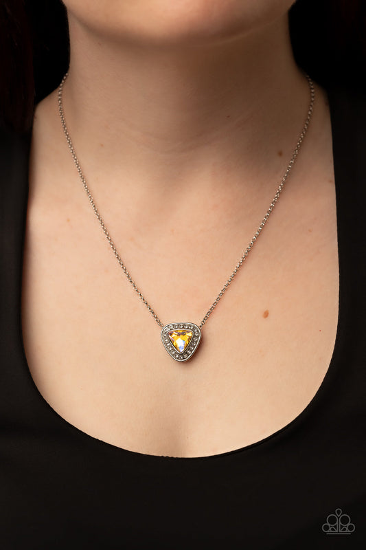 The Whole Package - Yellow Iridescent Triangle Gem/White Rhinestone Pendant Paparazzi Necklace & matching earrings