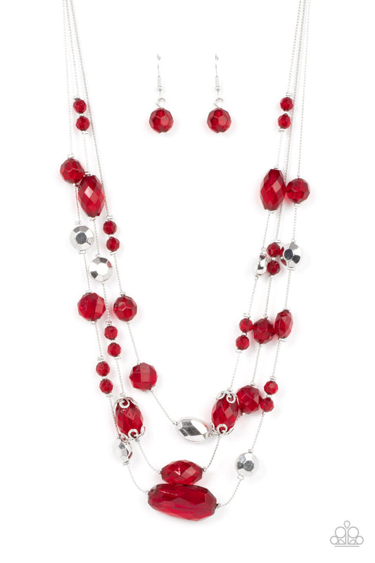 Prismatic Pose - Red Crystal-Like Beads/Silver Faceted Beaded Paparazzi Necklace & matching earrings