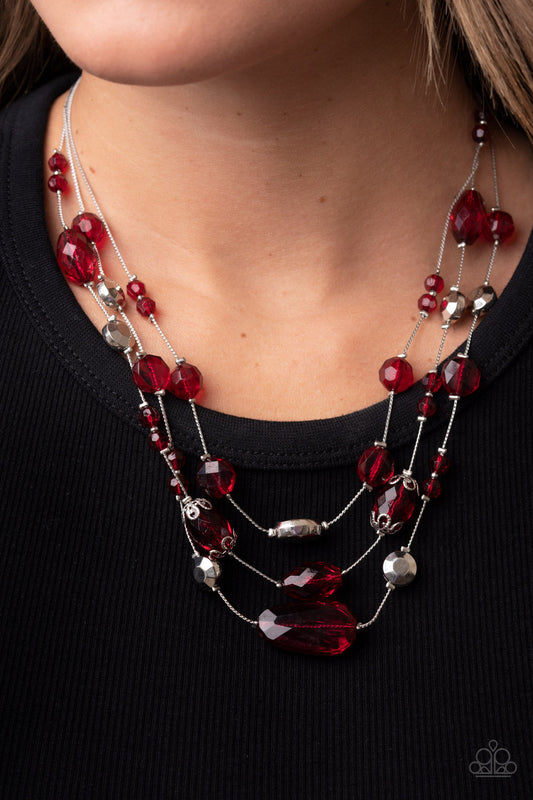Prismatic Pose - Red Crystal-Like Beads/Silver Faceted Beaded Paparazzi Necklace & matching earrings