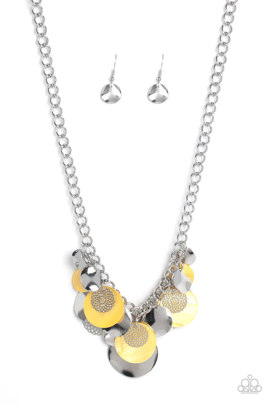Oceanic Opera - Yellow Shell-Like Discs, Silver Discs, & Silver Mandala-Like Accent Paparazzi Necklace