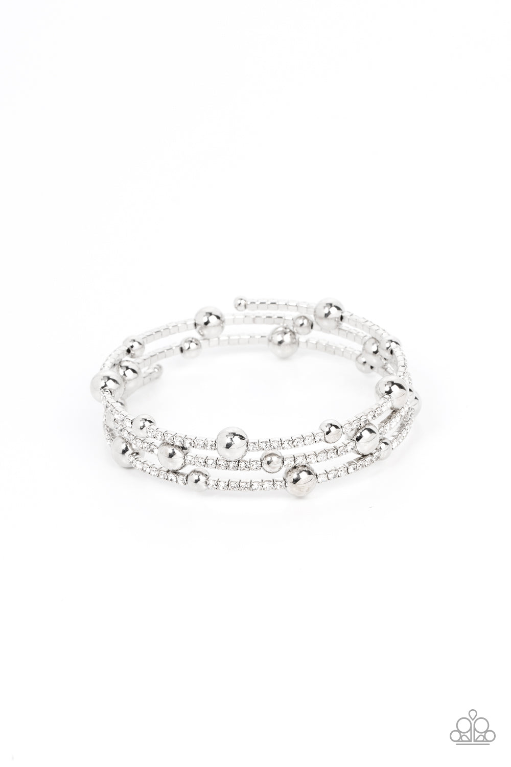 Spontaneous Shimmer - White Rhinestones & Silver Beaded Paparazzi Coil Bracelet