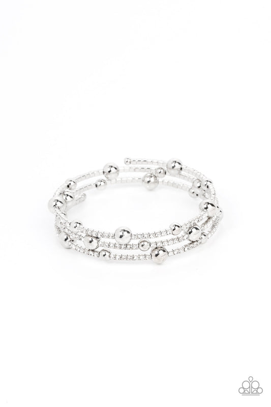 Spontaneous Shimmer - White Rhinestones & Silver Beaded Paparazzi Coil Bracelet