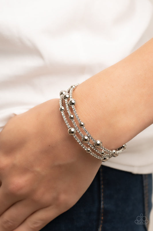 Spontaneous Shimmer - White Rhinestones & Silver Beaded Paparazzi Coil Bracelet
