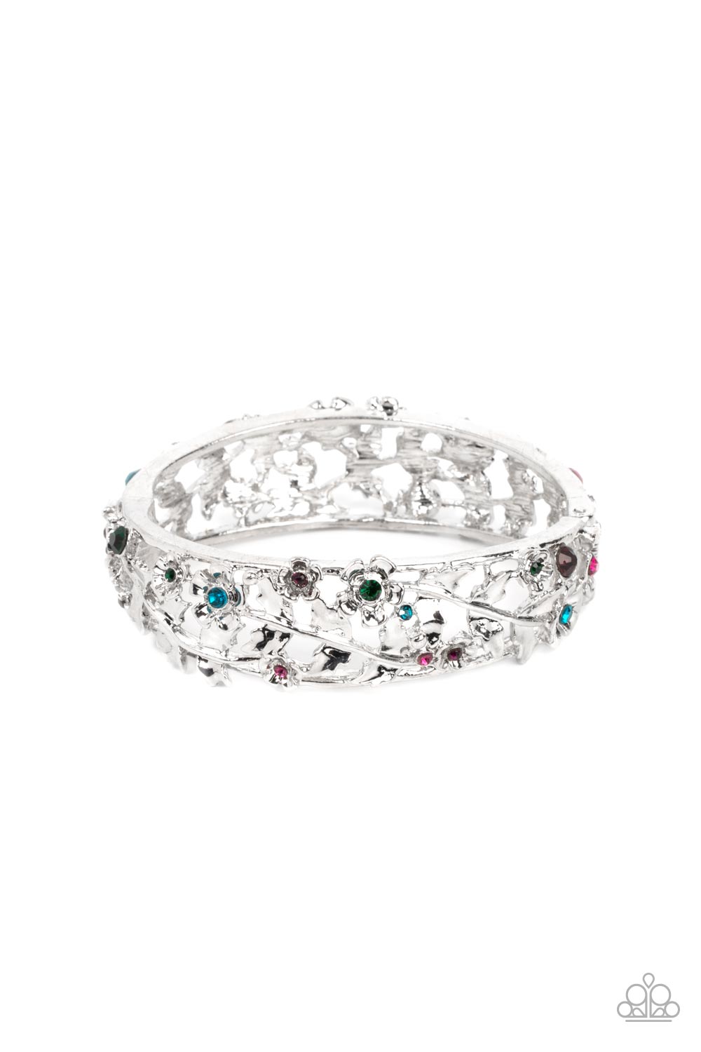 Ripe for the Picking - Multi Rhinestone Centers & Silver Floral Vines Paparazzi Hinge Bracelet
