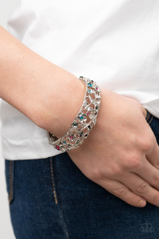 Ripe for the Picking - Multi Rhinestone Centers & Silver Floral Vines Paparazzi Hinge Bracelet